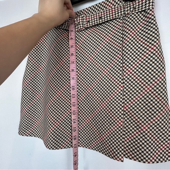 H&M Divided Houndstooth Plaid Tan Red Stripes Belted Preppy Mini Skirt Size 6 - Picture 7 of 10